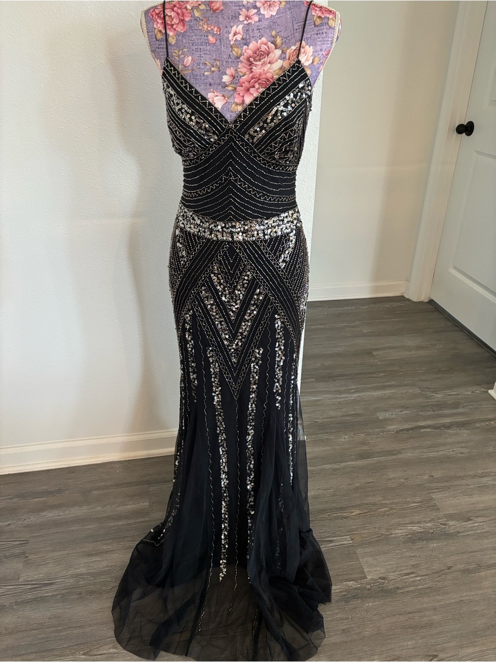 MARINA Black Beaded Spaghetti-Strap Evening Gown